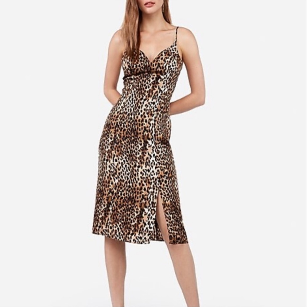 Express Leopard Print Slip midi slit Dress